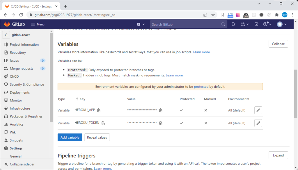 GitlabのCI/CDセッテイング、Variablesを開いたところ